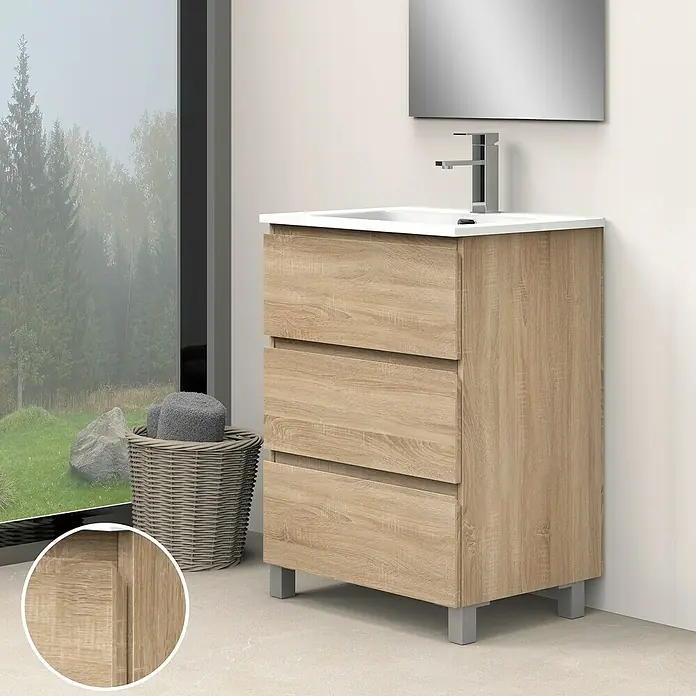 Artysan Conjunto de mueble de baño Atila - Ancho: 60 cm, Roble bardolino, 3 pzs. - Un moderno mueble de baño con aspecto de madera con tres cajones y un lavabo sobre encimera blanco.