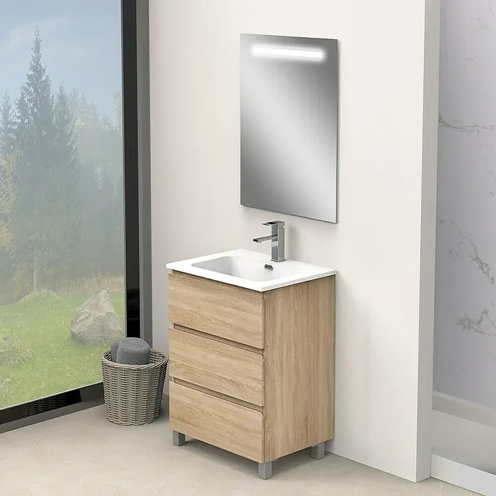 Artysan Conjunto de mueble de baño Atila - Ancho: 60 cm, Roble bardolino, 3 pzs. - Elegante lavabo de baño con mueble de madera y espejo moderno. Perfecto para un diseño de baño con estilo.