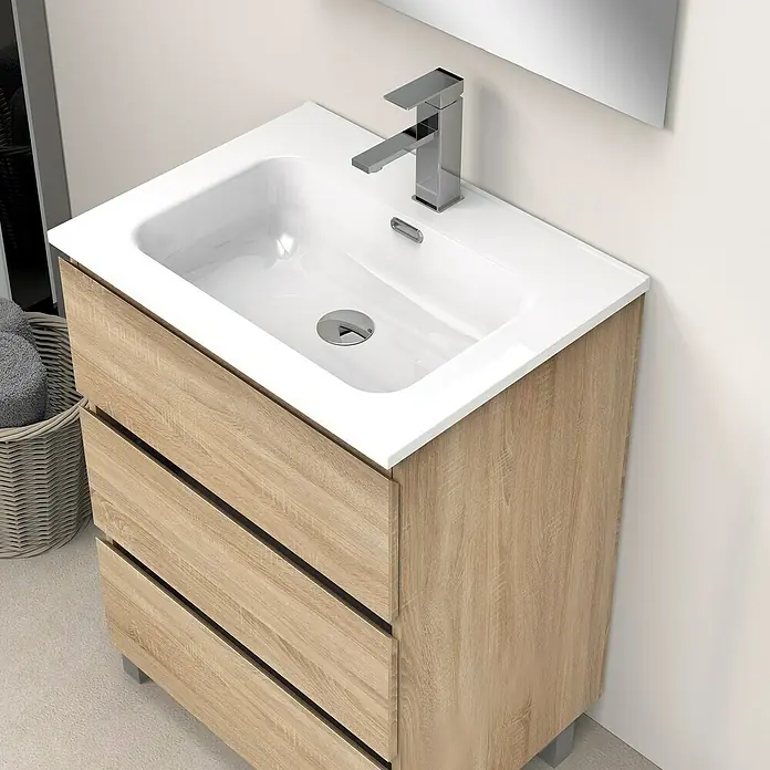 Artysan Conjunto de mueble de baño Atila - Ancho: 60 cm, Roble bardolino, 3 pzs. - Mueble de baño de madera con lavabo blanco y grifo cromado, ideal para diseños de baño modernos.