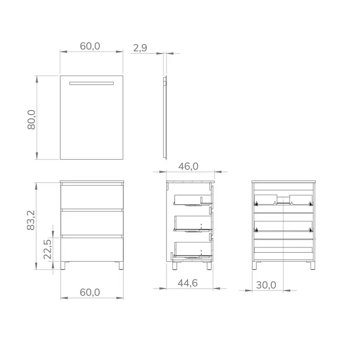 Artysan Conjunto de mueble de baño Atila - Ancho: 60 cm, Pino, 3 pzs. - Dibujo esquemático de un mueble bajo lavabo con dimensiones. La presentación incluye vistas frontal, lateral y frontal oblicua.