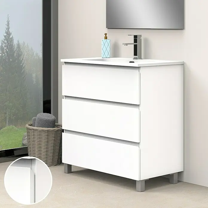 Artysan Conjunto de mueble de baño Atila - Ancho: 80 cm, Blanco seda, 3 pzs. - Moderno mueble de baño blanco con tres cajones y un diseño elegante para un ambiente de baño elegante.