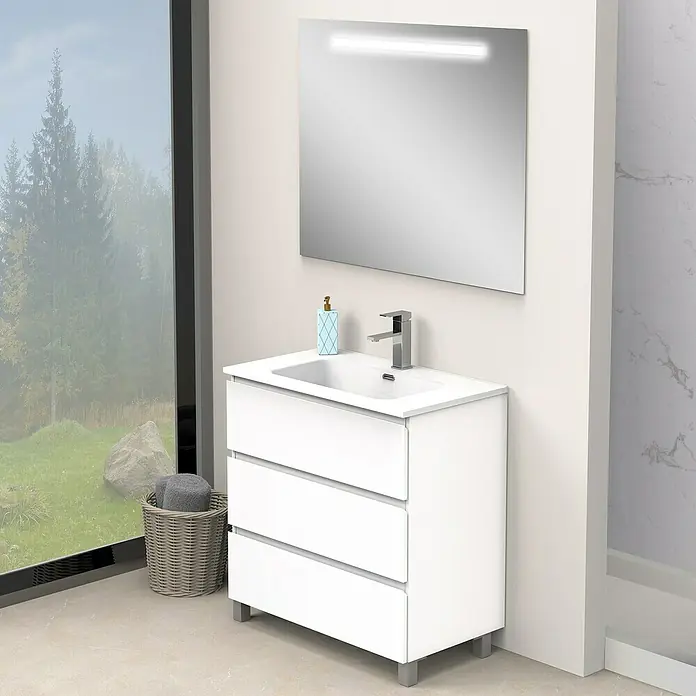 Artysan Conjunto de mueble de baño Atila - Ancho: 80 cm, Blanco seda, 3 pzs. - La elegancia de este lavabo blanco con base de tres cajones y espejo con iluminación integrada moderniza cualquier baño.
