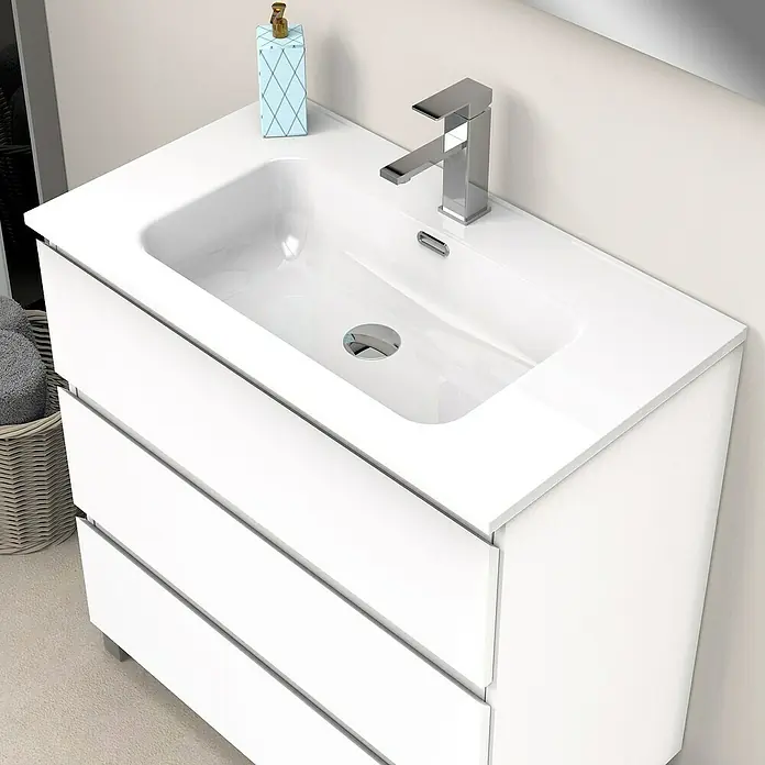 Artysan Conjunto de mueble de baño Atila - Ancho: 80 cm, Blanco seda, 3 pzs. - Un mueble de baño con tres cajones y un lavabo de cerámica blanca con grifo y dispensador de jabón.
