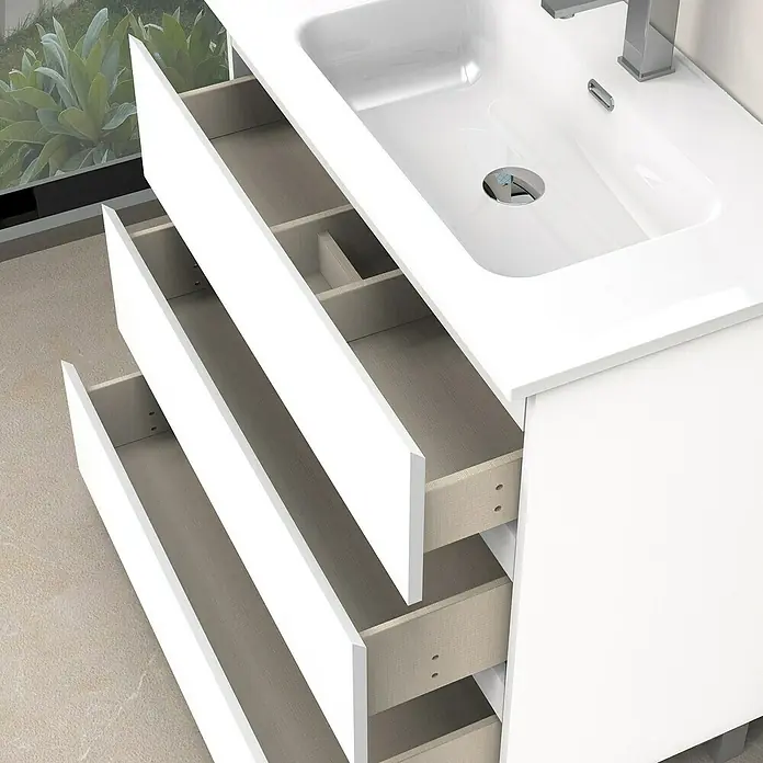 Artysan Conjunto de mueble de baño Atila - Ancho: 80 cm, Blanco seda, 3 pzs. - Un moderno mueble de lavabo con cajones abiertos, que combina un diseño elegante con soluciones de almacenamiento prácticas.