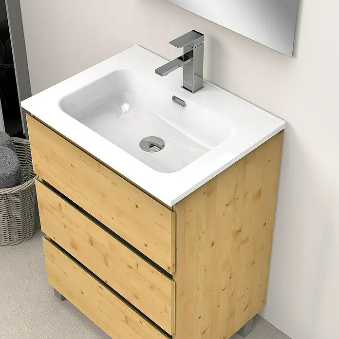 Artysan Conjunto de mueble de baño Atila - Ancho: 60 cm, Pino, 3 pzs. - Un moderno tocador de madera clara con tres cajones y un lavabo sobre encimera blanco con grifo cromado, perfecto para un baño.