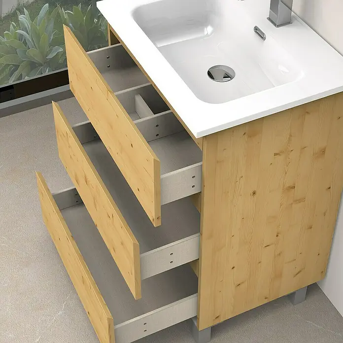Artysan Conjunto de mueble de baño Atila - Ancho: 60 cm, Pino, 3 pzs. - Mueble de baño de madera con tres cajones abiertos y lavabo blanco con grifo.