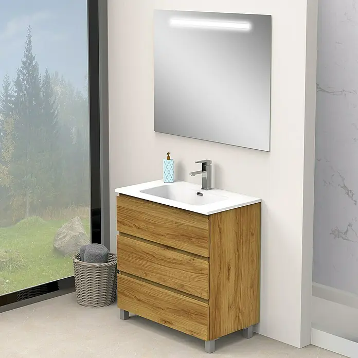 Artysan Conjunto de mueble de baño Atila - Ancho: 80 cm, Roble, 3 pzs. - Un moderno mueble de lavabo con textura de madera y tres cajones, complementado por un espejo con iluminación integrada. Perfecto para cualquier baño.