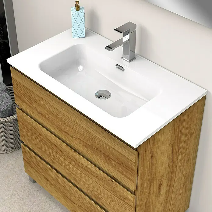 Artysan Conjunto de mueble de baño Atila - Ancho: 80 cm, Roble, 3 pzs. - Mueble de baño moderno con aspecto de madera con lavabo blanco y grifo cromado, perfecto para cualquier baño.