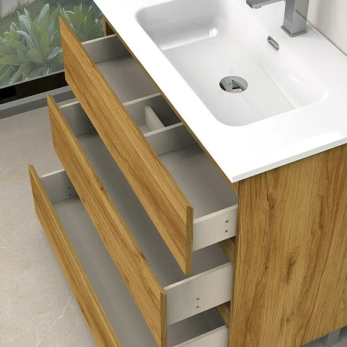 Artysan Conjunto de mueble de baño Atila - Ancho: 80 cm, Roble, 3 pzs. - Mueble de baño de madera con tres cajones abiertos y lavabo de encimera blanco.