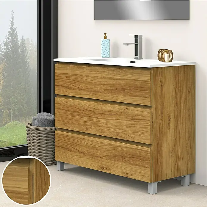 Artysan Conjunto de mueble de baño Atila - Ancho: 100 cm, Roble, 3 pzs. - Mueble de baño moderno con tres cajones en aspecto madera y lavabo sobre encimera blanco.