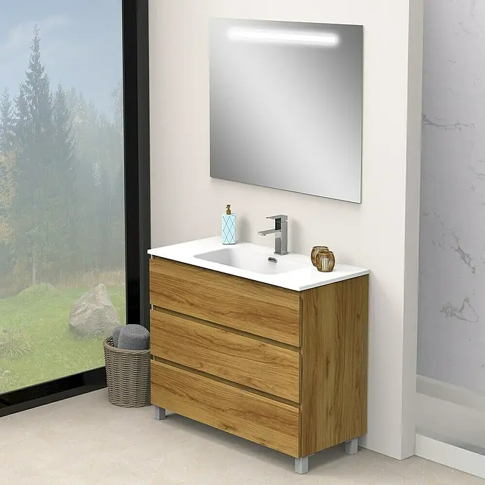 Artysan Conjunto de mueble de baño Atila - Ancho: 100 cm, Roble, 3 pzs. - Mueble de baño moderno con acabado de madera y lavabo blanco, completo con espejo iluminado.