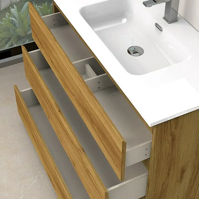Artysan Conjunto de mueble de baño Atila - Ancho: 100 cm, Roble, 3 pzs. - Este mueble de baño con aspecto de madera tiene cajones abiertos y ofrece espacio de almacenamiento.