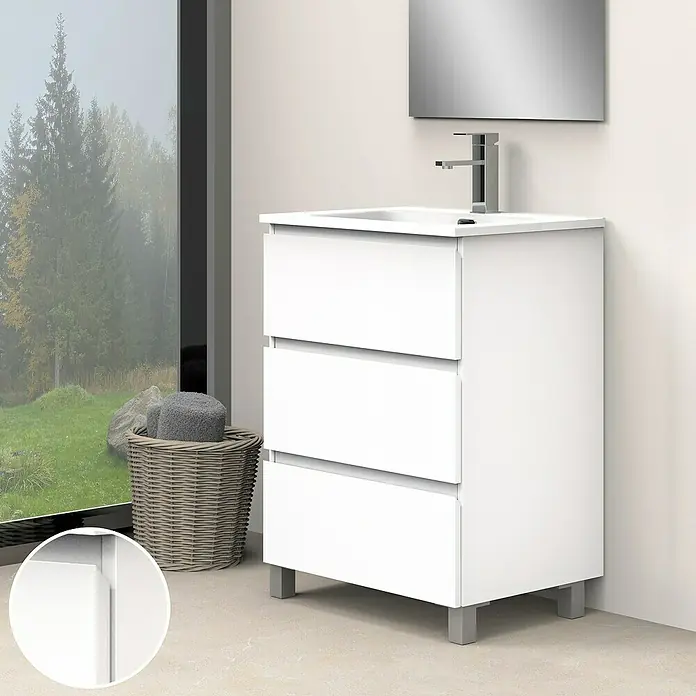 Artysan Conjunto de mueble de baño Atila - Ancho: 60 cm, Blanco seda, 3 pzs. - Un elegante mueble bajo lavabo blanco con tres cajones y tiradores cromados, que añade un toque moderno a cualquier baño.