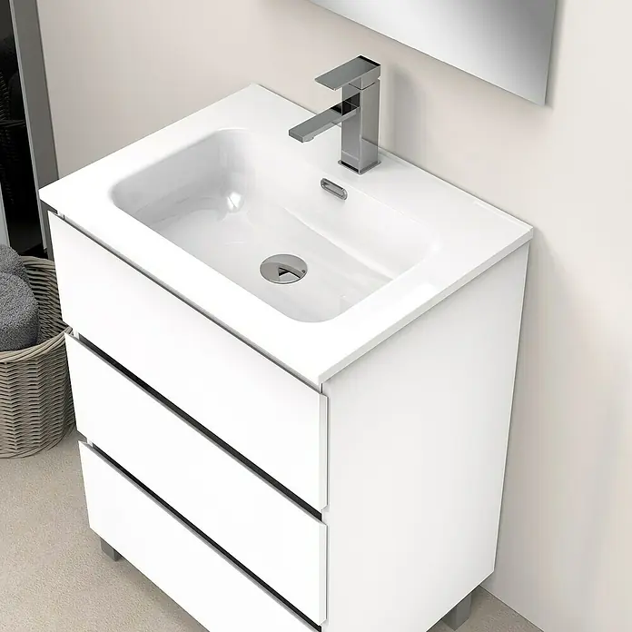 Artysan Conjunto de mueble de baño Atila - Ancho: 60 cm, Blanco seda, 3 pzs. - Mueble de baño blanco con lavabo y tres cajones. El grifo es moderno y tiene un acabado cromado.