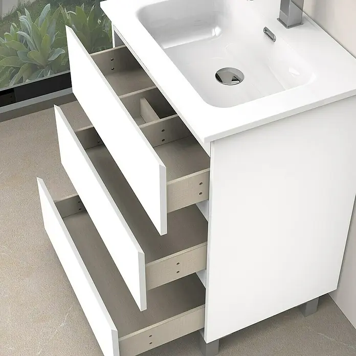 Artysan Conjunto de mueble de baño Atila - Ancho: 60 cm, Blanco seda, 3 pzs. - Tocador blanco con cajones abiertos y un lavabo moderno. Diseño elegante para interiores de baño.