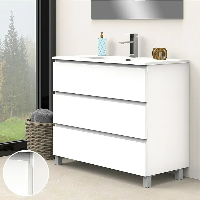 Artysan Conjunto de mueble de baño Atila - Ancho: 100 cm, Blanco seda, 3 pzs. - Elegante lavabo de baño con tres cajones en blanco y diseño minimalista, perfecto para baños modernos.