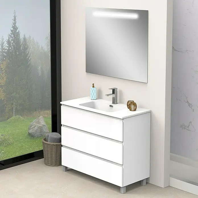 Artysan Conjunto de mueble de baño Atila - Ancho: 100 cm, Blanco seda, 3 pzs. - Mueble de baño blanco con lavabo y espejo, que ofrece un diseño moderno y elegante para cualquier baño.