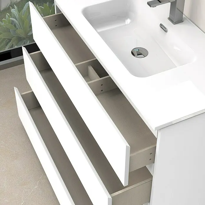 Artysan Conjunto de mueble de baño Atila - Ancho: 100 cm, Blanco seda, 3 pzs. - Mueble de lavabo blanco con tres cajones abiertos y un lavabo moderno. Mueble de baño práctico con mucho espacio de almacenamiento.
