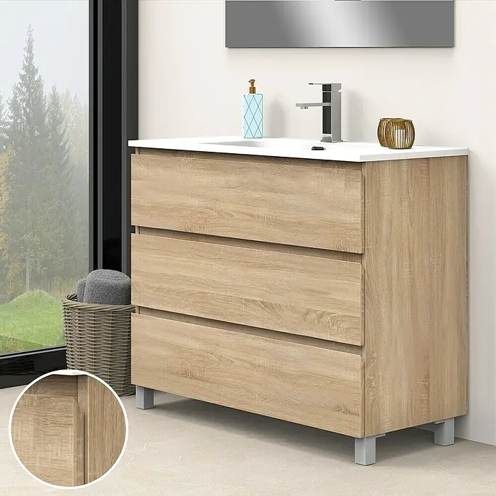 Artysan Conjunto de mueble de baño Atila - Ancho: 100 cm, Roble bardolino, 3 pzs. - Lavabo de baño moderno con tres cajones y líneas limpias. Perfecto para un ambiente de baño elegante.