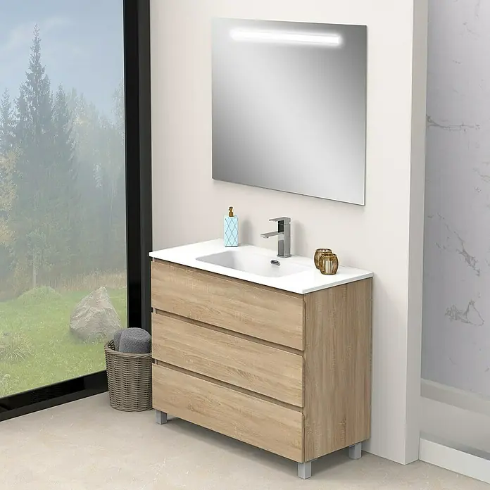 Artysan Conjunto de mueble de baño Atila - Ancho: 100 cm, Roble bardolino, 3 pzs. - Mueble de baño moderno con textura de madera y espejo grande con iluminación integrada para un baño elegante.