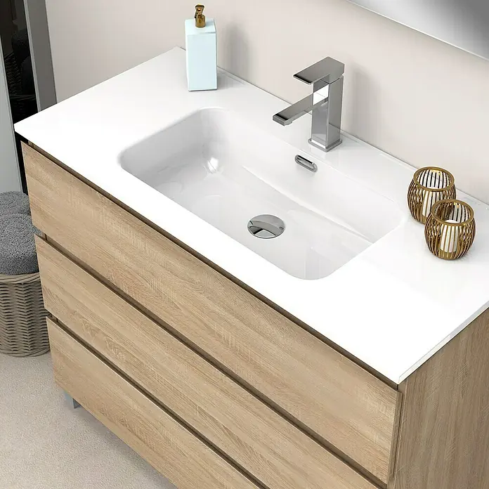 Artysan Conjunto de mueble de baño Atila - Ancho: 100 cm, Roble bardolino, 3 pzs. - Moderno conjunto de baño con lavabo, grifo, dispensador de jabón y candelabros decorativos. Diseño elegante para la decoración del baño.