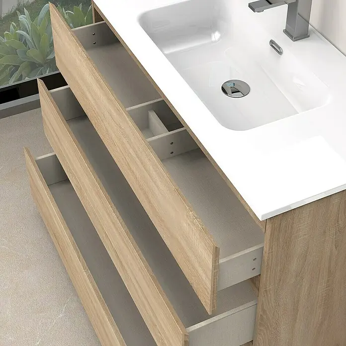 Artysan Conjunto de mueble de baño Atila - Ancho: 100 cm, Roble bardolino, 3 pzs. - Mueble de baño con tres cajones de imitación madera y lavabo encastrado blanco. Estilo moderno para el baño.