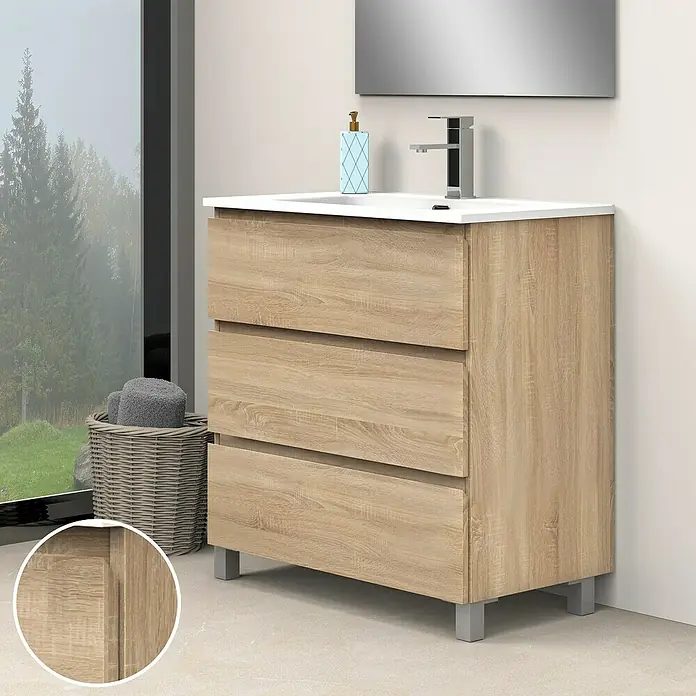 Artysan Conjunto de mueble de baño Atila - Ancho: 80 cm, Roble bardolino, 3 pzs. - Imagen de un mueble de baño de madera con tres cajones y un lavabo blanco encima.