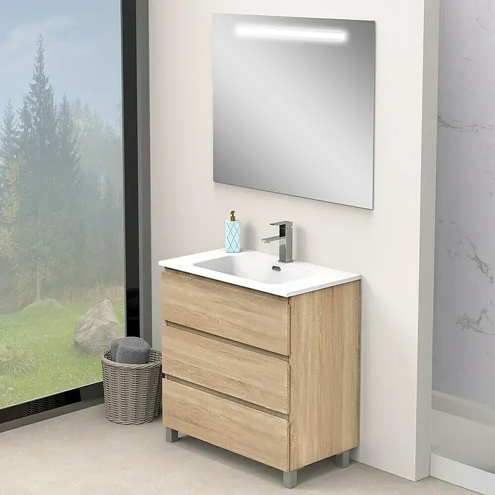 Artysan Conjunto de mueble de baño Atila - Ancho: 80 cm, Roble bardolino, 3 pzs. - Un moderno mueble de baño con tres cajones y un espejo rectangular con iluminación para un ambiente de baño elegante.