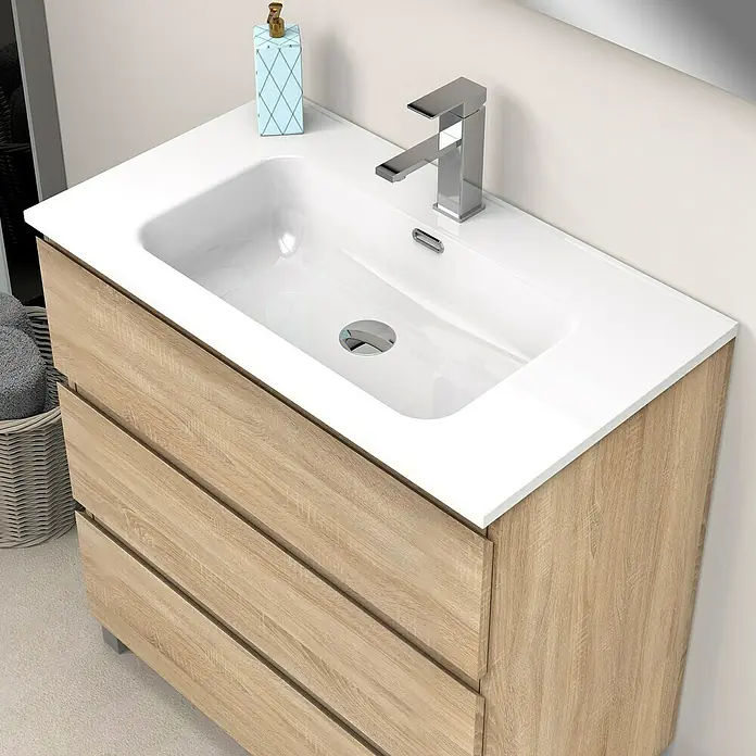 Artysan Conjunto de mueble de baño Atila - Ancho: 80 cm, Roble bardolino, 3 pzs. - Mueble de baño moderno con lavabo blanco y mueble con aspecto de madera para un ambiente elegante.