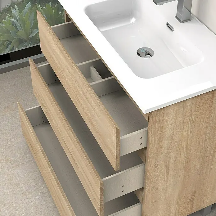 Artysan Conjunto de mueble de baño Atila - Ancho: 80 cm, Roble bardolino, 3 pzs. - Mueble de lavabo de madera con tres cajones abiertos y una encimera blanca.