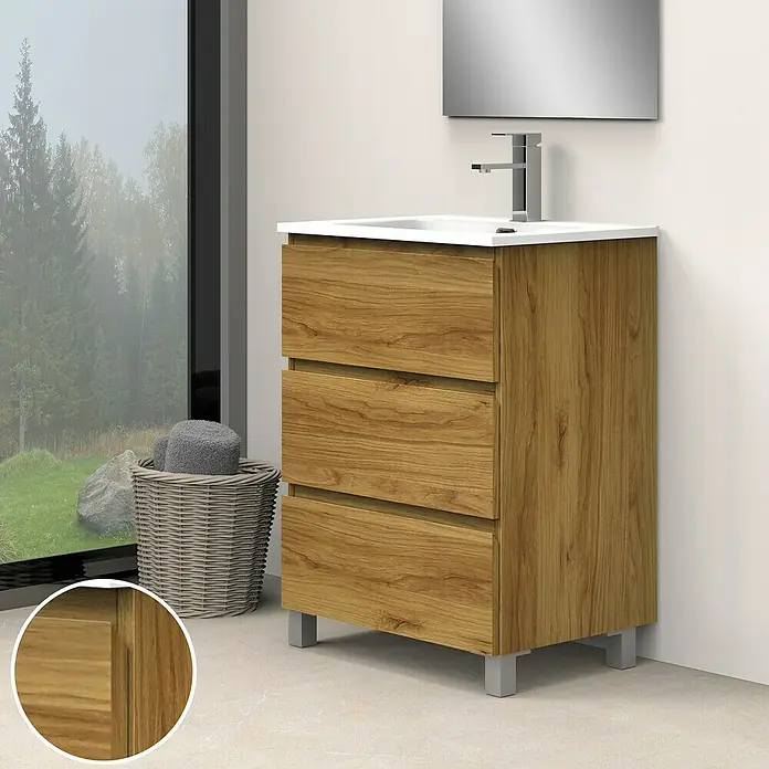 Artysan Conjunto de mueble de baño Atila - Ancho: 60 cm, Roble, 3 pzs. - Un tocador de baño de madera con tres cajones y un lavabo con un grifo moderno, sobre un fondo claro.