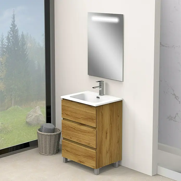Artysan Conjunto de mueble de baño Atila - Ancho: 60 cm, Roble, 3 pzs. - Un mueble de baño moderno con tres cajones en acabado de madera, una encimera blanca y un espejo con iluminación integrada para un baño elegante.