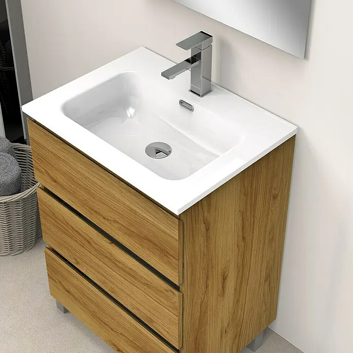 Artysan Conjunto de mueble de baño Atila - Ancho: 60 cm, Roble, 3 pzs. - Un mueble de baño moderno con acabado en madera y lavabo blanco. Perfecto para cualquier baño.
