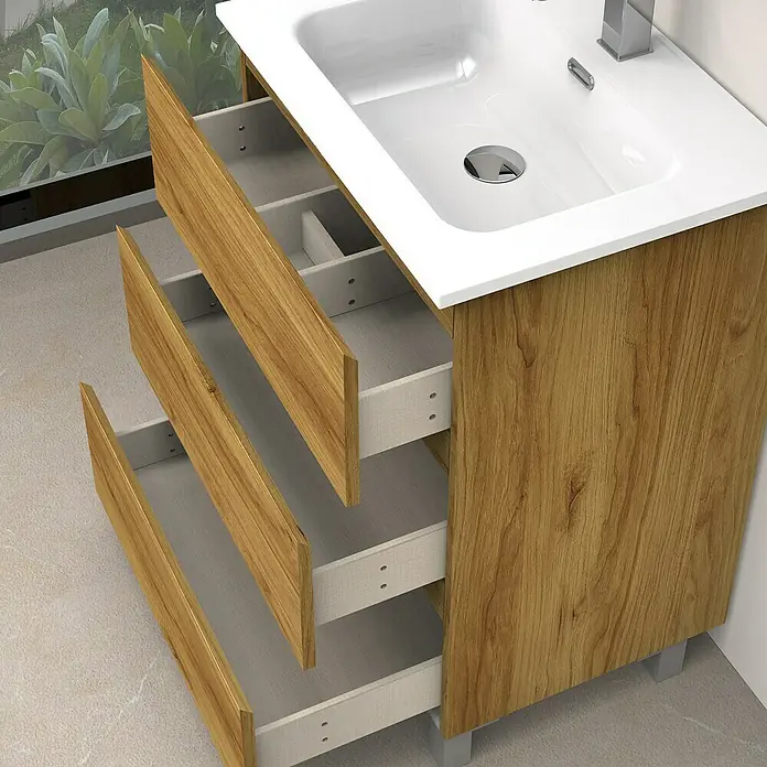 Artysan Conjunto de mueble de baño Atila - Ancho: 60 cm, Roble, 3 pzs. - Moderno lavabo de baño con mueble de madera y cajones abiertos para un almacenamiento elegante.