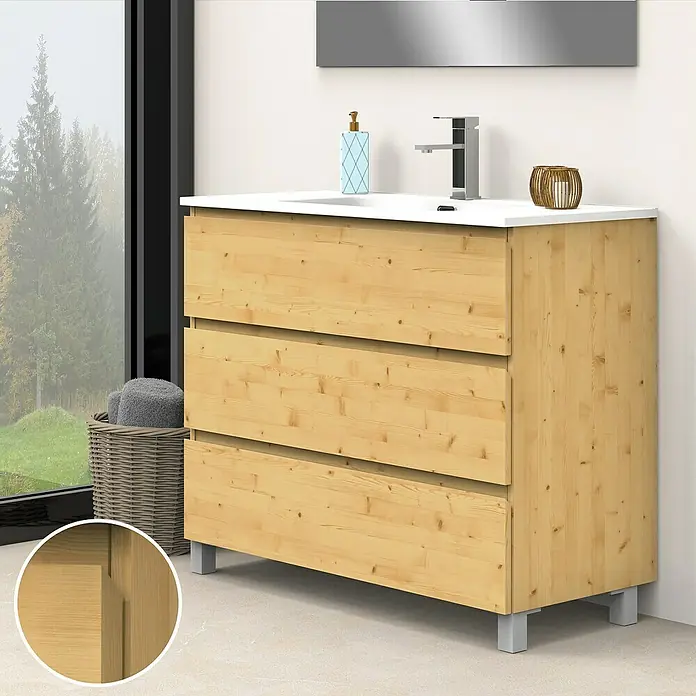 Artysan Conjunto de mueble de baño Atila - Ancho: 100 cm, Pino, 3 pzs. - Mueble de baño de madera con encimera blanca y tres cajones. Diseño contemporáneo con patas plateadas.