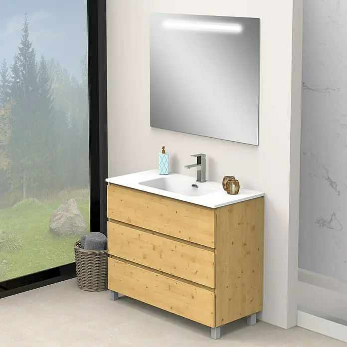 Artysan Conjunto de mueble de baño Atila - Ancho: 100 cm, Pino, 3 pzs. - Baño moderno con mueble de lavabo de madera clara, lavabo sobre encimera blanco y un gran espejo con iluminación integrada.