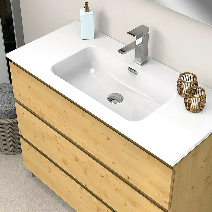 Artysan Conjunto de mueble de baño Atila - Ancho: 100 cm, Pino, 3 pzs. - La foto presenta un lavabo de baño moderno con un gabinete de madera, grifo y accesorios.