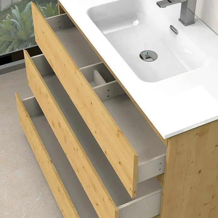 Artysan Conjunto de mueble de baño Atila - Ancho: 100 cm, Pino, 3 pzs. - Cajones de madera abiertos debajo de un lavabo moderno con encimera blanca. Diseño de baño elegante para soluciones de almacenamiento.