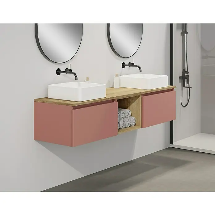 Artysan Conjunto de mueble de baño Capsule - Ancho: 160 cm, Rosé, 5 pzs. - Un moderno tocador de baño con un gabinete rosa y de aspecto de madera, con dos espejos redondos y elegantes accesorios negros.