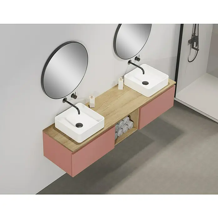 Artysan Conjunto de mueble de baño Capsule - Ancho: 160 cm, Rosé, 5 pzs. - Interior de baño moderno con tocador doble, espejos redondos y grifería elegante. El tocador ofrece espacio de almacenamiento práctico.