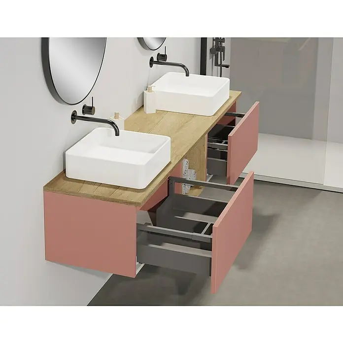 Artysan Conjunto de mueble de baño Capsule - Ancho: 160 cm, Rosé, 5 pzs. - Mueble de baño moderno con armarios abiertos en rosa y aspecto de madera, diseño elegante para un ambiente contemporáneo.