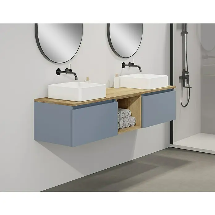 Artysan Conjunto de mueble de baño Capsule - Ancho: 160 cm, Azul, 5 pzs. - Un moderno tocador de baño con dos lavabos rectangulares sobre un mueble flotante con cajones azules y espacio.