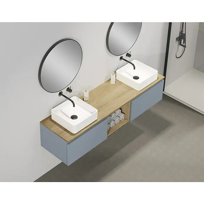 Artysan Conjunto de mueble de baño Capsule - Ancho: 160 cm, Azul, 5 pzs. - Cuarto de baño moderno con dos lavabos sobre encimera en un tocador de madera con cajones azules. Espejos redondos montados encima.