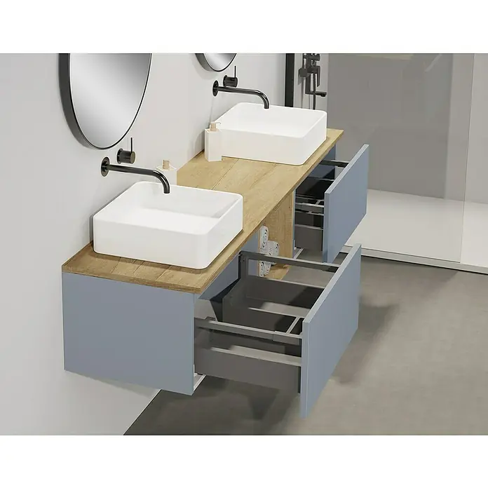 Artysan Conjunto de mueble de baño Capsule - Ancho: 160 cm, Azul, 5 pzs. - Mueble de baño moderno con dos lavabos, encimera de madera y cajones azules. Diseño elegante para un baño contemporáneo.