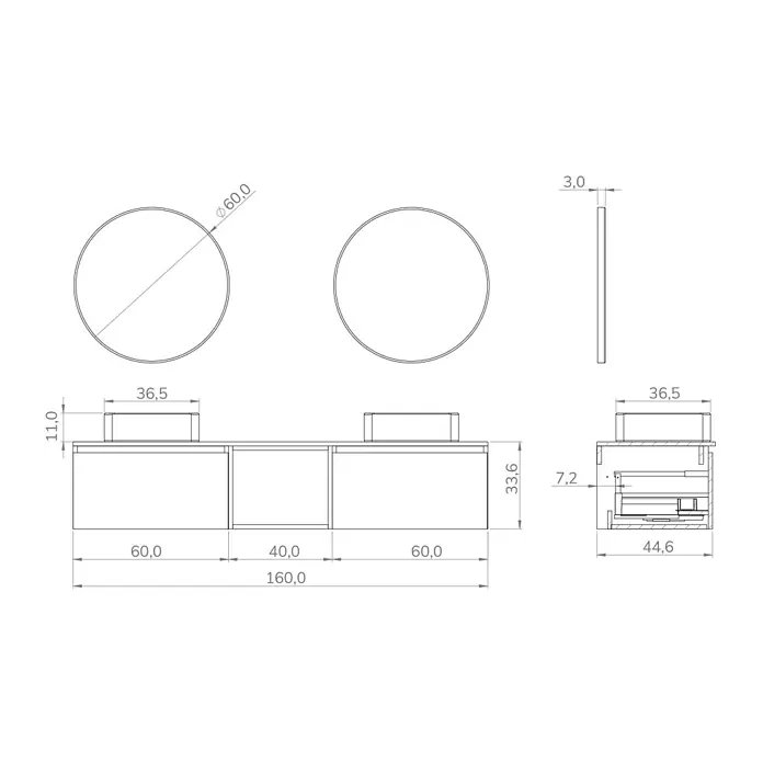 Artysan Conjunto de mueble de baño Capsule - Ancho: 160 cm, Verde musgo, 5 pzs. - Dibujo técnico de un conjunto de lavabo con dos espejos redondos y un mueble base con cajones.