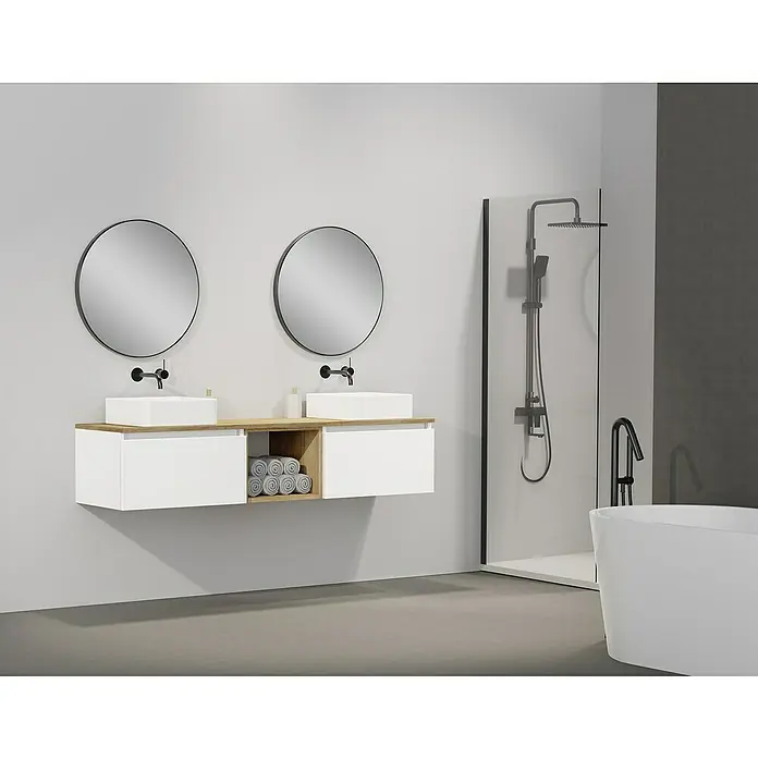 Artysan Conjunto de mueble de baño Capsule - Ancho: 160 cm, Blanco seda, 5 pzs. - Un baño elegante con un lavabo doble con espejos redondos y una bañera independiente. El diseño moderno es elegante y funcional.