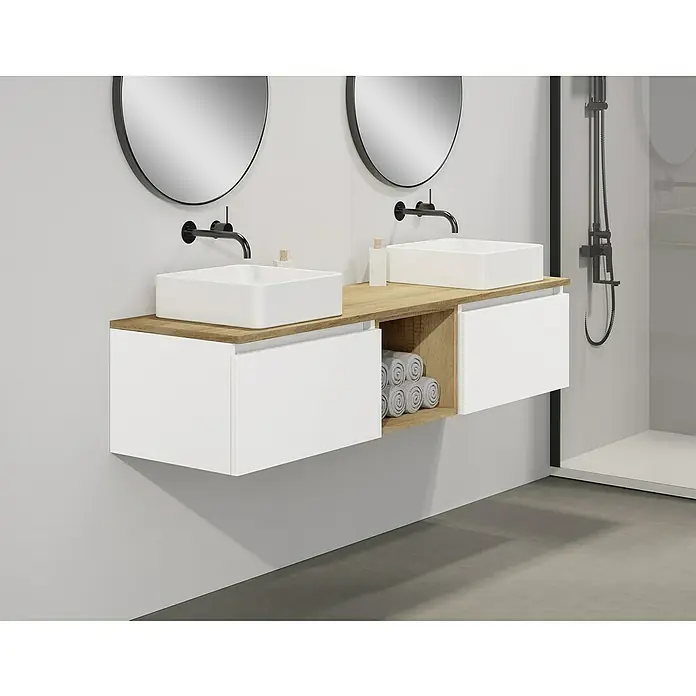 Artysan Conjunto de mueble de baño Capsule - Ancho: 160 cm, Blanco seda, 5 pzs. - Elegante mueble de baño con dos lavabos sobre encimera y espejos redondos para un ambiente moderno.