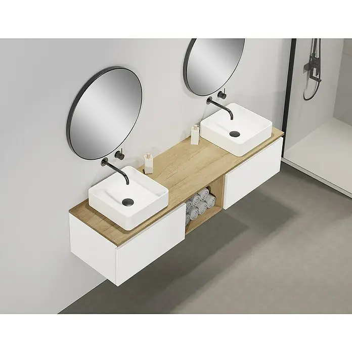 Artysan Conjunto de mueble de baño Capsule - Ancho: 160 cm, Blanco seda, 5 pzs. - Interior de baño moderno con doble lavabo, espejos redondos y grifería minimalista. La encimera es de madera clara.