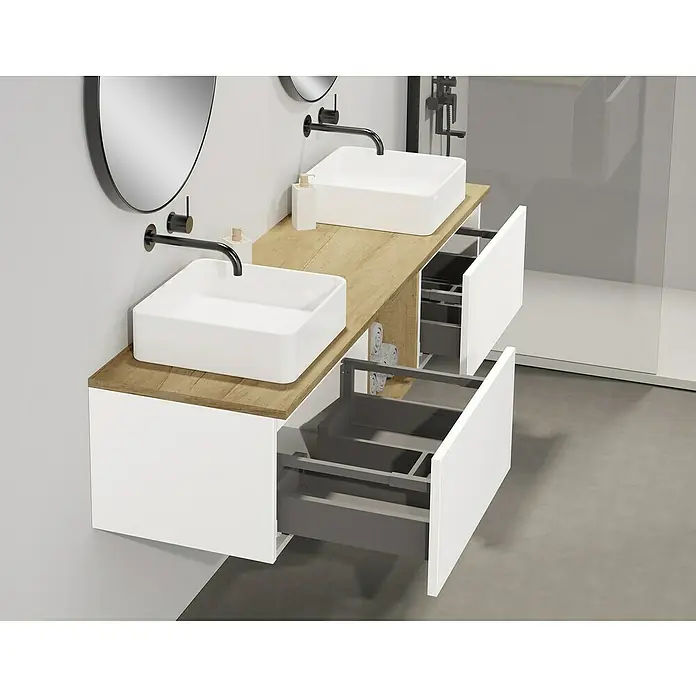 Artysan Conjunto de mueble de baño Capsule - Ancho: 160 cm, Blanco seda, 5 pzs. - Lavabo doble moderno con cajones abiertos, destacando el diseño elegante y la funcionalidad del baño.
