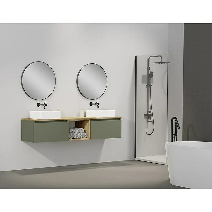 Artysan Conjunto de mueble de baño Capsule - Ancho: 160 cm, Verde musgo, 5 pzs. - Baño moderno con lavabo doble, espejos redondos y ducha a ras de suelo. El diseño elegante crea un ambiente relajante.